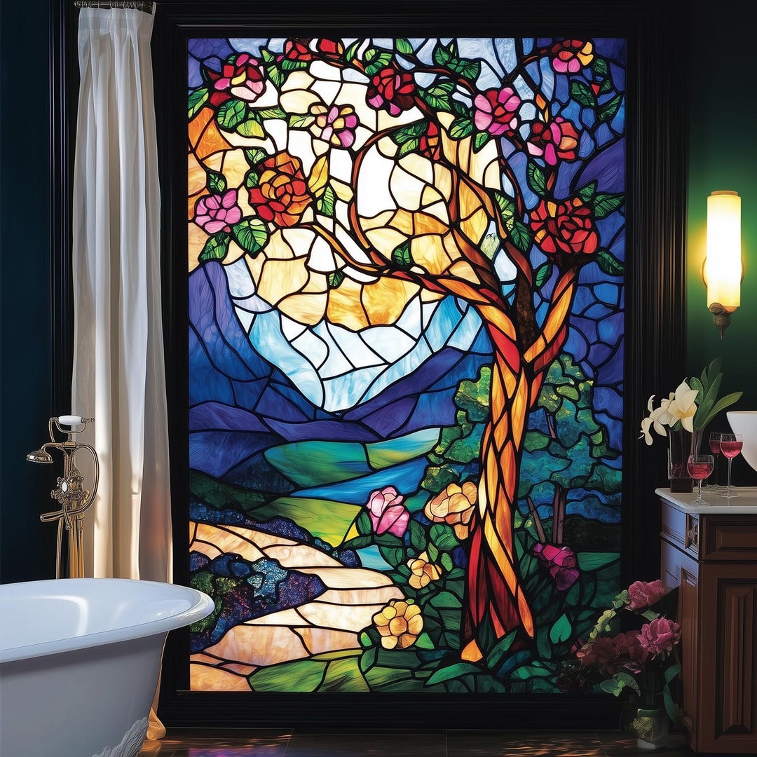 Stained Glass Window Film With Scenic Tree Design - Decorative Privacy ...