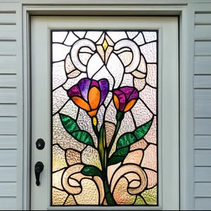 Stained Glass Window Privacy Film with Potted Flowers for Entryway Static Cling No Glue Custom Size