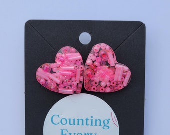 Pop of Pink Bead Heart Studs