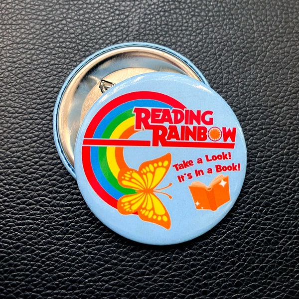 Reading Rainbow Butterfly - 2.25 in. Round Pinback Button Retro Re-design- 100% of Proceeds Go to the PBS Foundation