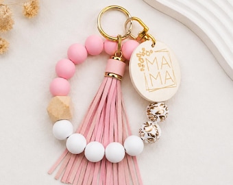 Mama Beaded Wristlet Keychain | Pink Silicone Bead Keychain Bracelet | Mom Gift | Acrylic Mama Keychain with Tassel |