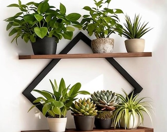 2 Tier Geometric Wood Shelf | Rustic Metal Farmhouse Wall Decor Storage