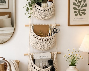 3-Tier Boho Hanging Wall Basket Organizer | Cotton Rope Storage Nursery Decor