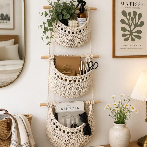 3-Tier Boho Hanging Wall Basket Organizer | Cotton Rope Storage Nursery Decor