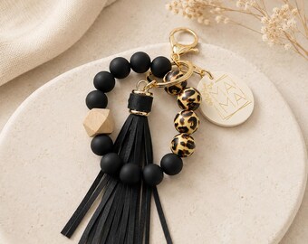 Mama Beaded Wristlet Keychain | black cheetah print Silicone Bead Keychain Bracelet | Mom Gift | Acrylic Mama Keychain with Tassel |