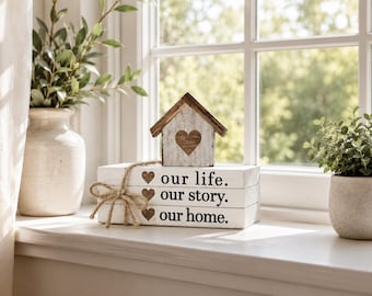 Farmhouse Wooden Book Stack Decor | Rustic Home Accent, Shelf Decor