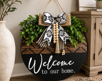 Round Wooden Welcome Door Hanger, Farmhouse Entryway Decor, Black White Wreath Sign