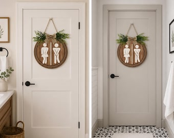 Rustic Farmhouse Bathroom Sign, Round Wooden Restroom Door Hanger, Guest Decor