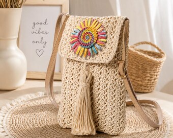 Boho Straw Crossbody Phone Bag, Woven Raffia Phone Purse, Summer Crossbody Bag, Beach Phone Holder, Bohemian Gift