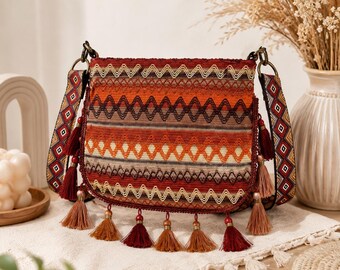 Boho Woven Crossbody Bag with Tassels | Tribal Ethnic Shoulder Purse | Southwestern Hippie Festival Bag | Bohemian Everyday Handbag
