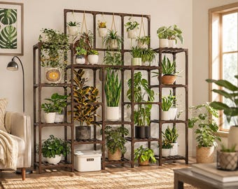 Multi-Tier Carbonized Wood Plant Stand | 16 Shelf Corner Plant Rack for Living Room