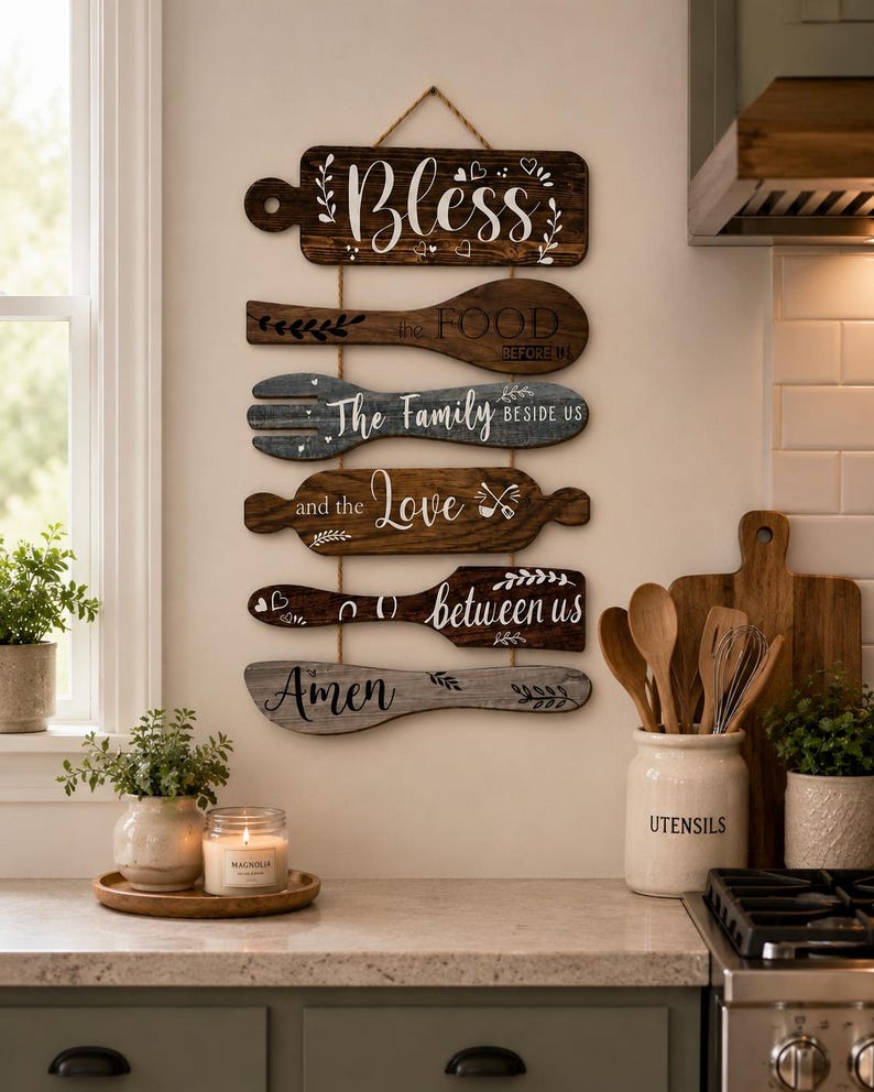 Peut inclure: Une d&eacute;coration murale verticale compos&eacute;e de six plaques en bois en forme d'ustensiles de cuisine reli&eacute;es par de la ficelle. Les plaques portent des inscriptions en blanc et noir : Bless the FOOD BEFORE US, The Family BESIDE US, et the Love between us Amen.