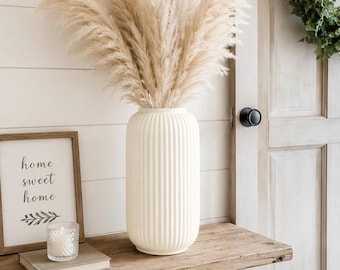 Ribbed White Ceramic Vase, Minimalist Farmhouse Boho Decor, Table Centerpiece