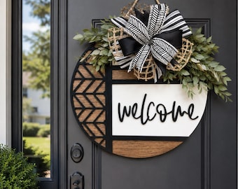 Round Farmhouse Welcome Door Hanger, Black White Wreath, Rustic Entryway Decor