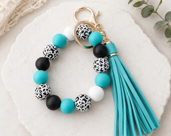 Turquoise Silicone Bead Wristlet Keychain | Leopard Print Keychain Bracelet | Boho Tassel Key Ring | Cute Gift for Her | Women’s Accessory