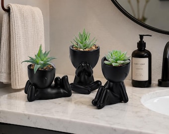 Set of 3 Black Human Figure Planters | Modern Faux Succulent Decor