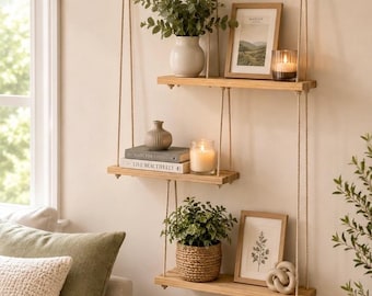 3-Tier Rope Hanging Shelf | Natural Wood Boho Farmhouse Decor