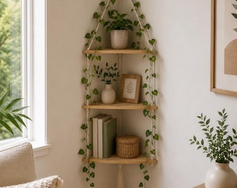 Étagère d'angle suspendue bohème | Étagère flottante à 3 niveaux en corde | Décoration rustique pour plantes | Étagère murale en bois | Décoration pour chambre d'appartement