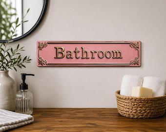 Vintage Pink Metal Bathroom Sign | Retro Farmhouse Wall Decor (16x4 Inch)