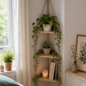 Boho hörnhängande hylla | Flytande rephylla i 3 nivåer | Rustik växthylla | Vägghängande trähylla | Sovrumsinredning i lägenhet