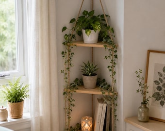 Boho Corner Hanging Shelf | 3 Tier Rope Floating Shelf | Rustic Plant Shelf Decor | Wooden Wall Hanging Shelf | Apartment Bedroom Decor