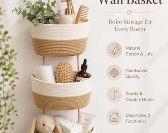 3-Tier Handwoven Cotton Rope Hanging Wall Basket, Boho Storage Organizer