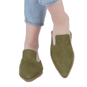 GREEN NUBUCK Turkish Genuine Leather Handmade Point Toe Heeled Mules, Sandals, Slipper, Natural, Colorful, Slip-On