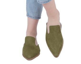 GREEN NUBUCK Turkish Genuine Leather Handmade Point Toe Heeled Mules, Sandals, Slipper, Natural, Colorful, Slip-On