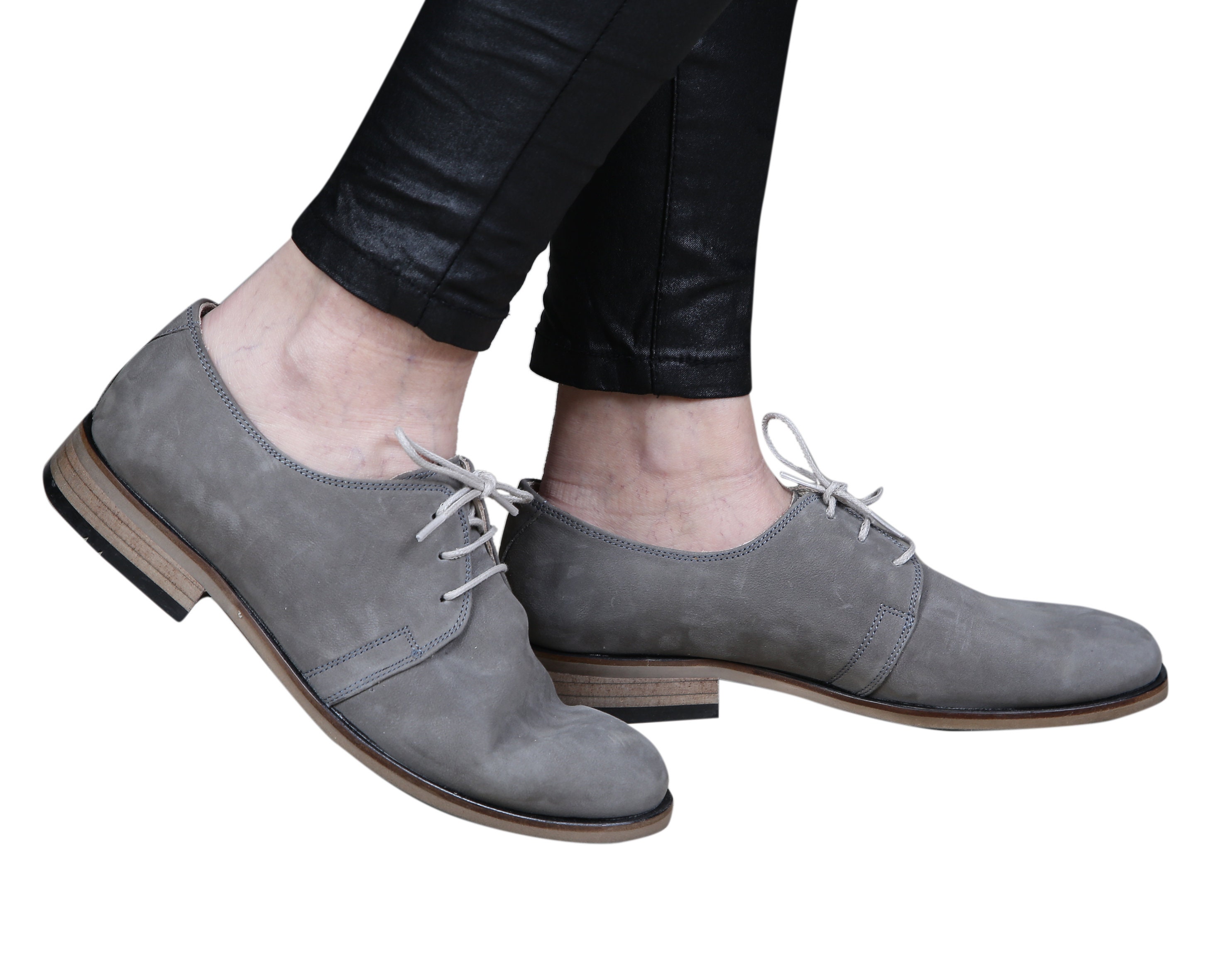 Handmade Gray Nubuck Leather Oxford Shoes - Women's Dress Shoes