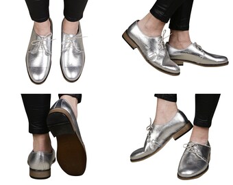 Women Handmade OXFORD Dress Shoes, SILVER Leather, Natural, Colorful, 100% Leather Made in Turkey