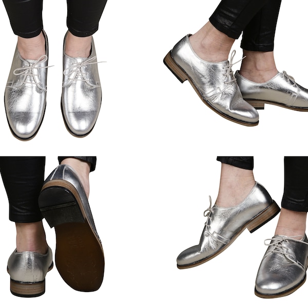 Women Handmade OXFORD Dress Shoes, SILVER Leather, Natural, Colorful, 100% Leather Made in Turkey