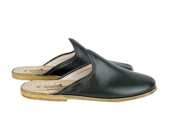 Women Mule GREEN Smooth Turkish Genuine Leather, Handmade, Yemeni Slippers, Natural, Colorful, Slip-On