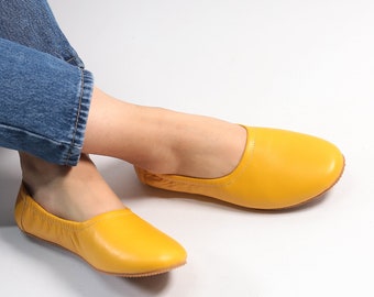 Women Flat Ballet MUSTARD SMOOTH Leather, Handmade, Yemeni Slippers, Natural, Colorful, Slip-On