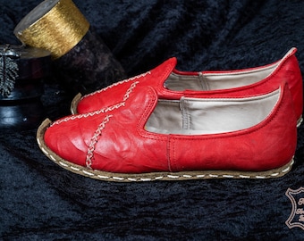 Women RED SMOOTH Turkish Genuine Leather Handmade ALADDIN Yemeni Shoes, Natural, Colorful, Slip-On