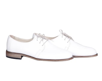 MEN Handmade OXFORD Dress Shoes, WHITE Smooth Leather, Natural, Colorful, 100% Leather Made in Turkey