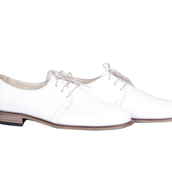 MEN Handmade OXFORD Dress Shoes, WHITE Smooth Leather, Natural, Colorful, 100% Leather Made in Turkey