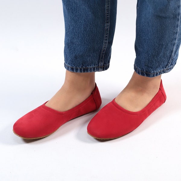 Women Flat Ballet RED NUBUCK Turkish Genuine Leather, Handmade, Yemeni Slippers, Natural, Colorful, Slip-On