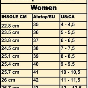 May include: A size chart for women's shoes showing insole length in centimeters, corresponding European shoe sizes, and US/Canadian shoe sizes.