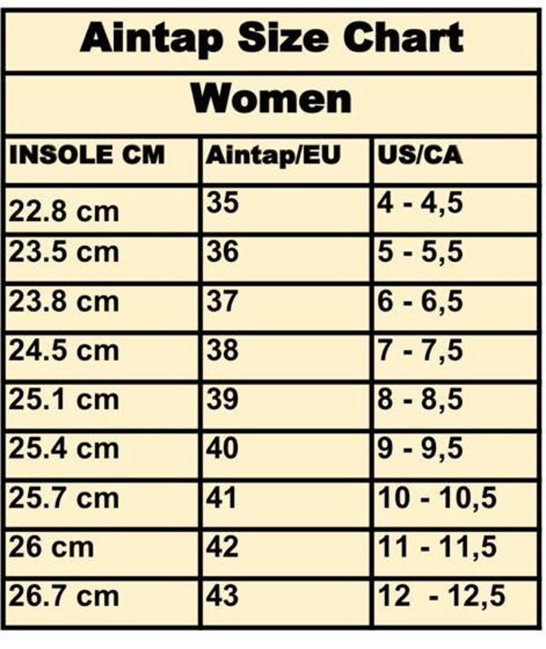 May include: A size chart for women's shoes showing insole length in centimeters, corresponding European shoe sizes, and US/Canadian shoe sizes.