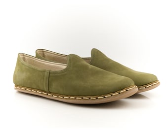 Men GREEN NUBUCK Turkish Genuine Leather Handmade SPORT Yemeni Shoes, Slippers, Natural, Colorful, Slip-On