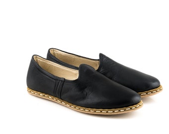 Frauen BLACK SMOOTH Türkische Echtleder Handgemachte SPORT Jemenitische Schuhe, Natürlich, Bunt, Slip-On