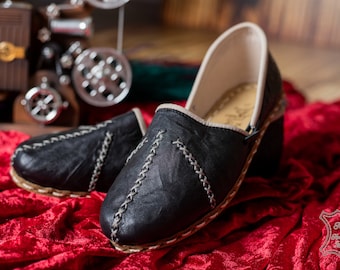 Frauen BLACK SMOOTH Türkische Echtleder Handgemachte ALADDIN Yemeni Schuhe, Natürlich, Bunt, Slip-On