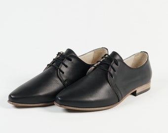 Point Toe Oxford BLACK SMOOTH Turkish Genuine Leather Handmade Point Toe Heeled Oxford, Natural, Colorful, Shoes