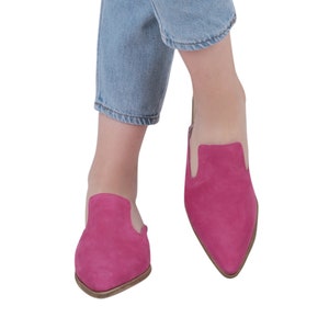 FUSCIA NUBUCK Turkish Genuine Leather Handmade Point Toe Heeled Mules, Sandals, Slipper, Natural, Colorful, Slip-On