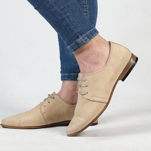 Point Toe Oxford CREAM NUBUCK Turkish Genuine Leather Handmade Point Toe Heeled Oxford, Natural, Colorful, Shoes