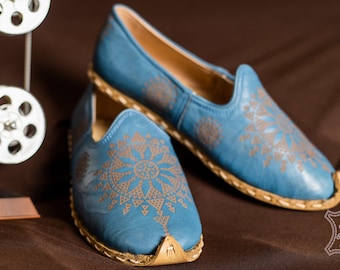 Blaue jemenitische Lederschuhe: Handgefertigte türkische Aladdin-Hausschuhe