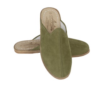 MEN GREEN NUBUCK Turkish Genuine Leather Handmade Yemeni Slippers, Natural, Colorful, Slip-On