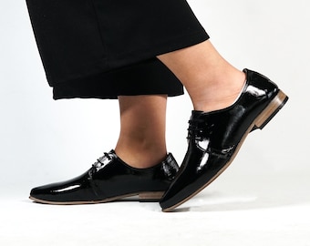 Point Toe Oxford BLACK BRIGHT Turkish Genuine Leather Handmade Point Toe Heeled Oxford, Natural, Colorful, Shoes