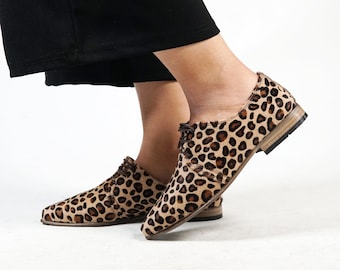 Point Toe Oxford LEOPARD CALF Hair Turkish Genuine Leather Handmade Point Toe Heeled Oxford, Natural, Colorful, Shoes