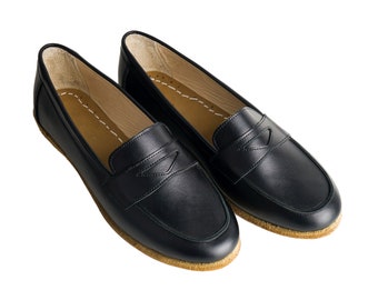 Handmade Black Leather Loafer Moccasins: Women's Business Oxfords